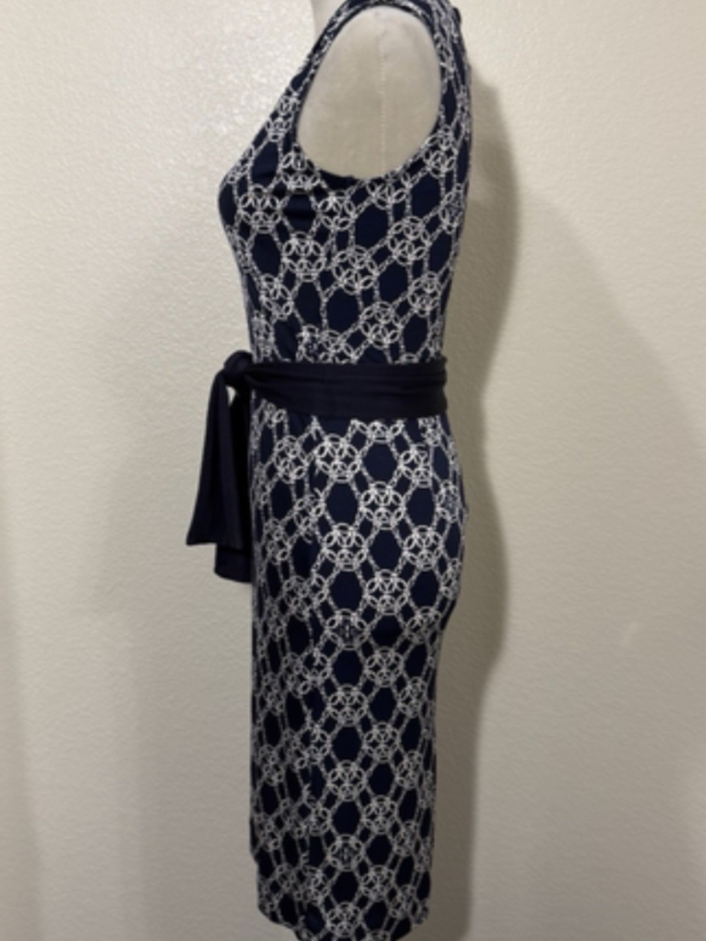 Tory Burch Womens Small Nicola Navy White Chain Print Silk Jersey Dress - Picture 2 of 10